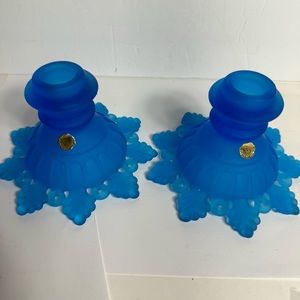 Vintage Westmoreland Blue Satin Frosted glass Candle Holders original stickers.